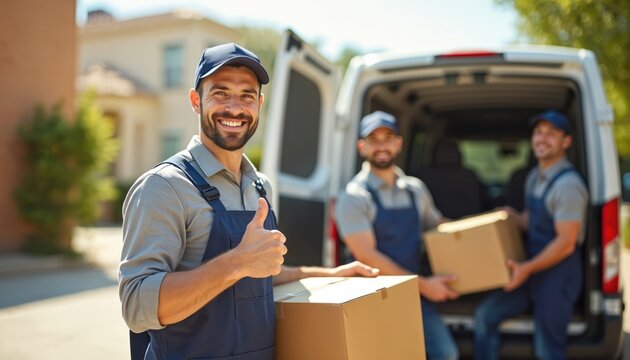 Smiling movers in uniform with cardboard boxes showing thumb up near minivan. Delivery men team carries boxes into van. Relocation, business transport service. Successful move.