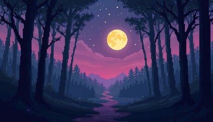 Pixelated nocturne landscape art featuring moonlit woods, pixel graphics. Retro game aesthetic illustration with twilight ambience, ethereal dreamy look. Digital art for wallpaper, screen, video.