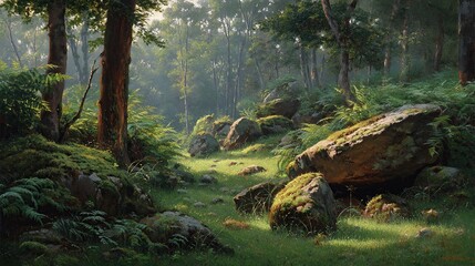 Sunlit forest scene with moss-covered rocks and ferns in a peaceful setting.