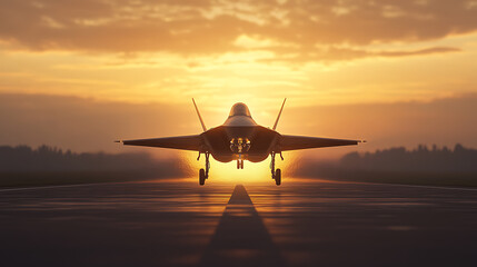 Fototapeta premium Silhouetted fighter jet is shown at sunrise or sunset on runway. The jet is centered with sun in background.