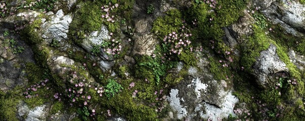 Detailed view of a rock covered in moss and small pink wildflowers.