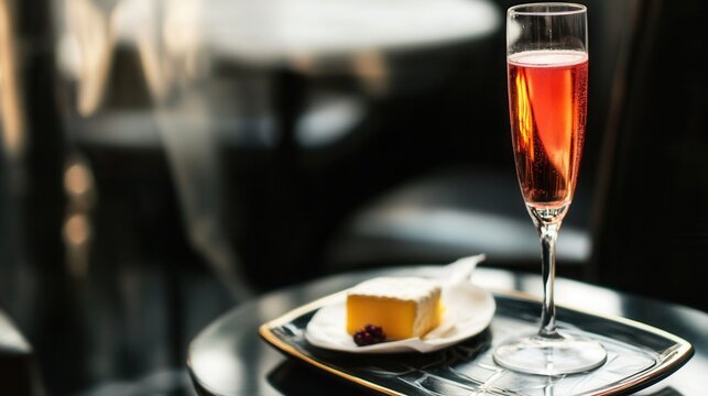 Elegant champagne cocktail with brie cheese appetizer on tray for luxury celebration
