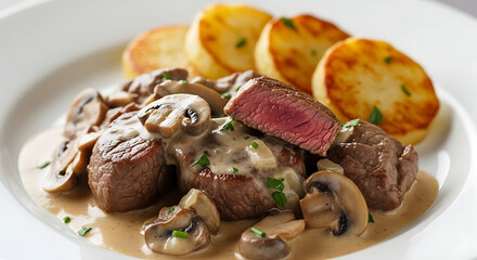 Steak medallions with mushroom sauce and roasted potatoes on a white plate close up view of the food