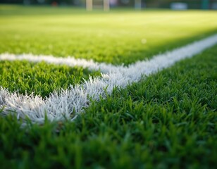 Close-up football pitch astro turf surface with green grass and white lines. Corner kick area detail shows artificial grass texture. Sport competition or recreation themed photo background.