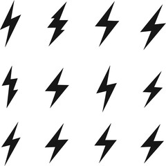 Twelve black lightning bolt silhouettes on white