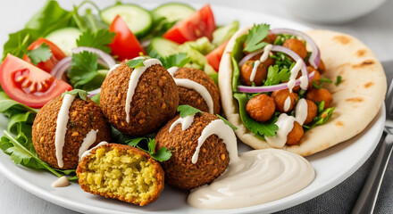 A plate of falafel balls with tahini sauce and a side salad with pita bread on a white plate