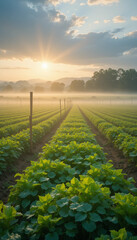 Naklejka premium Sunrise and sunset light over green countryside fields