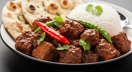 A close up shot of a plate of indian food with naan bread rice and a spicy meat dish on a white plate