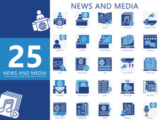 News and media dual tone icons set. contain anchor, journalist, article, channel, interview, issue, note, magazine, banner, feed and more. Vector for UI, UX kit, web and app journalism, broadcasting.