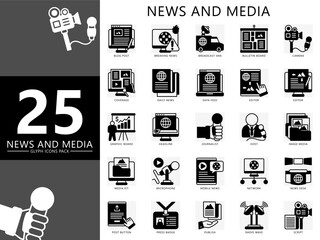 News and media glyph icons set. contain blog, breaking news, broadcast van, host, headline, editor, camera, microphone, script and more. Vector for UI, UX kit, web and app journalism, broadcasting.