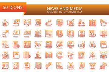 News and media gradient icons set. contain anchor, note, article, breaking news, feed, camera, editor, video, post, magazine and more. Vector for UI, UX kit, web and app journalist, broadcasting.