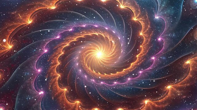 Abstract cosmic spiral vortex of glowing stardust and energy waves in galactic space with fiery fractal tendrils, swirling stars, and radiant light streaks in vibrant cinematic colors