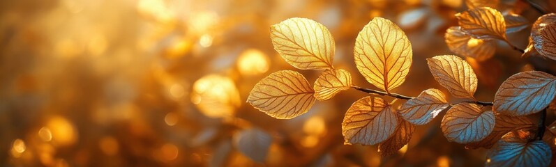 Fototapeta premium Leaves are glowing in the sunlight on a tree branch plant background banner copy space
