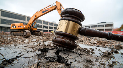 Gavel on Construction Site: Symbolizing Legal and Infrastructure Matters. Illustrates Law, Construction, and Urban Development. Dynamic and Thought-Provoking.