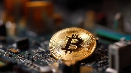 Understanding bitcoin cryptocurrency golden coin on circuit board technology concept