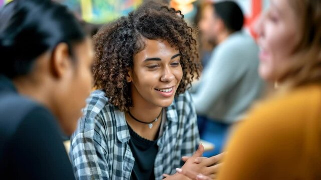 Group discussion among students in a classroom setting focused on collaborative learning and communication skills
