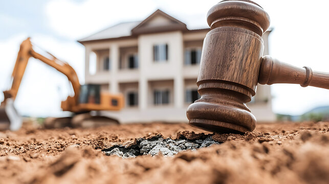 Construction site with a gavel in the foreground, symbolizing legal aspects of real estate development and construction regulations.