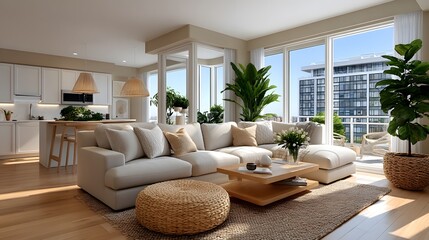 Fototapeta premium Cozy urban apartment with white sofa high resolution photo
