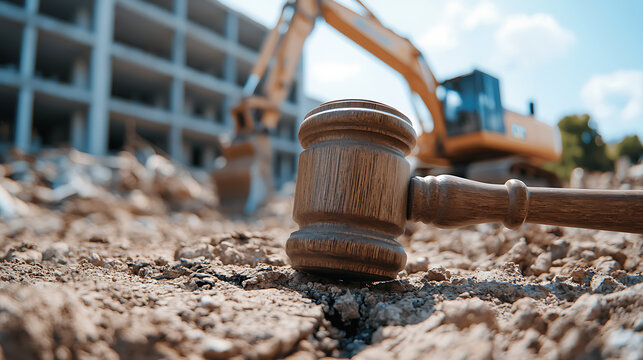 Construction law: A wooden gavel rests on cracked earth in front of a construction site and a blurred excavator, symbolizing legal issues in building projects.