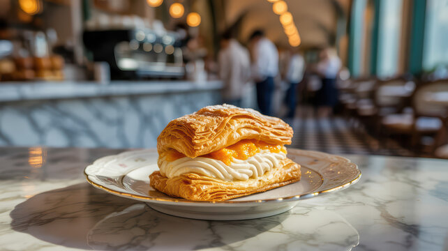 Delicious cream puff pastry with jam on marble table in a vibrant cafe interior.
