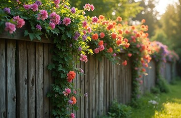 Naklejka premium Rustic wooden fence with climbing ivy and colorful flowers. The plants cascade over the fence creating a vibrant, green look. Floral decorative botany. Ideal for gardening, home decor, nature.