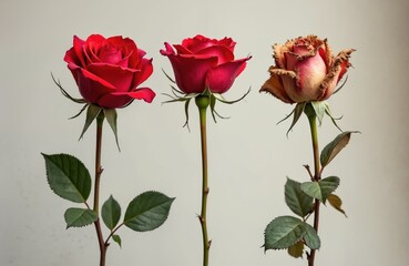 Fresh red rose contrasted with dried rosebud, petals. Floral art representing beauty decay time passing. Botanical illustration shows concept of ageing, transience, life cycle, seasons, nature themes.
