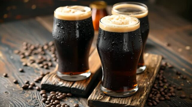 Craft beer served in three glasses with rich foam on a wooden table, showcasing a rustic drink presentation