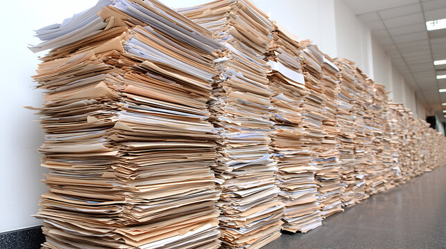 Massive piles of documents and files stacked high against a white wall, creating a scene of overwhelming paperwork and information overload.