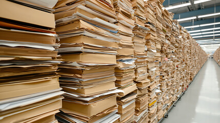 Obraz premium Archive storage: massive stacks of files, organized records management in a large facility, documents are stored systematically, illustrating bureaucracy and information