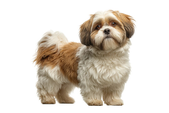 PNG Cute fluffy shih tzu dog with brown and white fur standing against white background