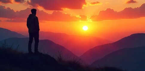 Serene Sunset Silhouette A Lone Figure Finds Peace and Contemplation in a Breathtaking Landscape