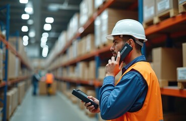 Warehouse worker uses phone barcode reader, industrial equipment in distribution center. Caucasian man wearing hard hat, orange safety vest. Worker communication job, logistics, transportation,