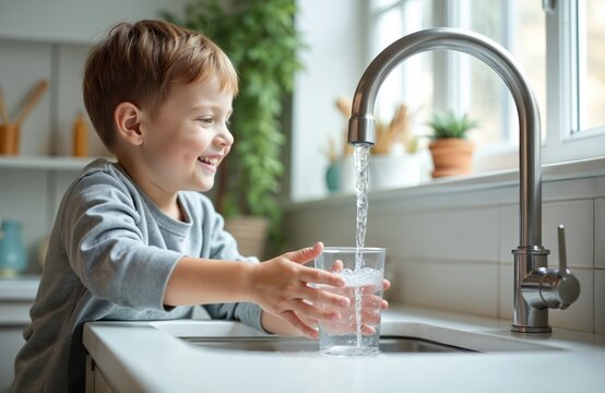 Smiling boy in kitchen draws water into glass from faucet. Child enjoys clean drinking water, hydration, hygiene at home. Available fresh water concept. Health, wellness, childhood.