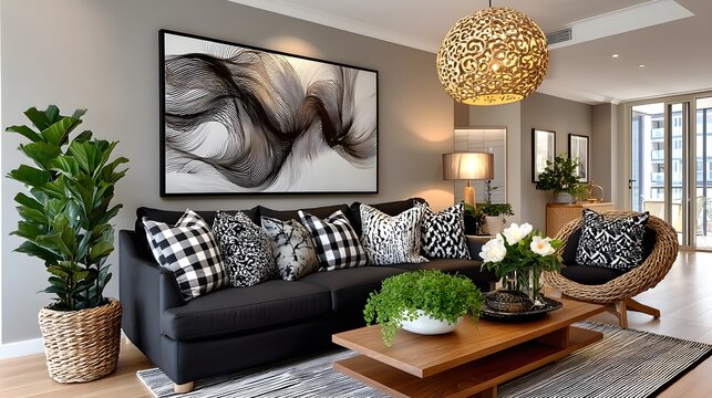 Elegant black and white living room high resolution photo