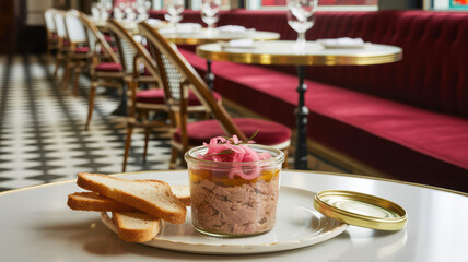 Gourmet pâté or rillettes with pickled onions and toast on a table in an elegant restaurant setting.
