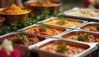Indian cuisine buffet at wedding reception. Delicious food, various curry dishes, traditional Indian plates, rice, tasty meat. Festive event catering, culinary presentation, wedding dinner.