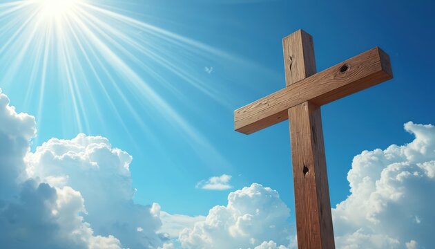 Wooden cross against blue sky with sunbeams, clouds. Represents faith hope spirituality. Christianity, divine light, peace, worship. Ideal for illustrating religion, belief, prayer, holiness,