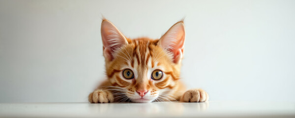 Cute orange tabby cat peeking over white surface. Kitten with amber eyes. Domestic pet with fur, paws. Playful animal, curious. Home interior, clean background. Pet care, adopt concept.