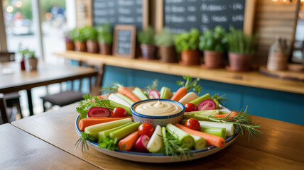 A colorful platter of fresh vegetable crudités with dip on a wooden table in a bright cafe.

