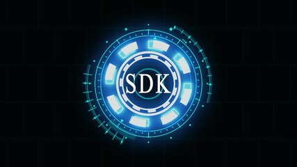 Bright neon iso and data transmission concept on black background. Qubit quantum computer microchip qubit septillion processor computer CPU central processing unit neon light. 4k animation video ,