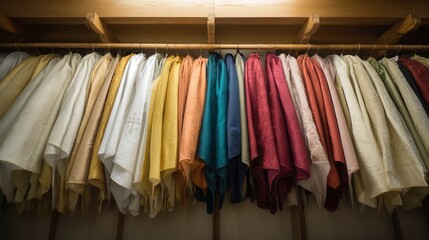 Explore colorful liturgical vestments hanging in a closet for church clergy apparel use