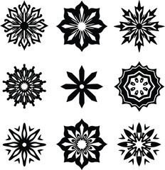 Nine black and white floral silhouettes mandala designs