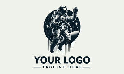 Astronaut in space, vintage style logo design, floating, starry background, monochrome. © nuaari