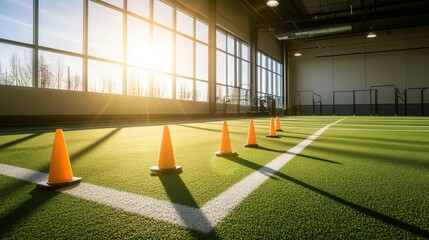 Indoor sports training facility agility cones on artificial turf field bright sunlight shining