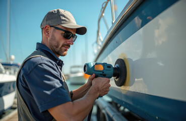 Skilled worker polishes boat hull at marina on sunny day. Man uses electric polisher, performing maintenance, repair. Pro craftsman focuses on meticulous detailing. Nautical, marine, harbor industry.