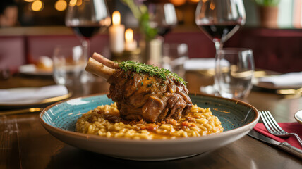 Gourmet lamb shank with creamy risotto, served in an elegant restaurant with ambient lighting.
