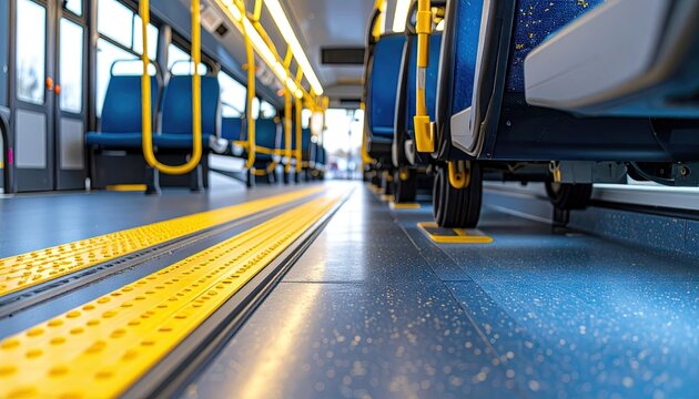 Bus Aisle Floor with Blue Seats and Yellow Lines Under Fluorescent Lighting Creating an Ordered Perspective