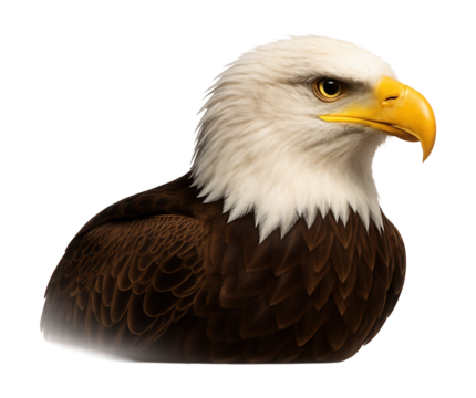 Adult bald eagle with white head and yellow hooked beak in profile view
