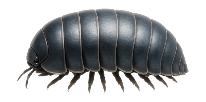 Pill bug with segmented, armored exoskeleton and ability to roll into a ball