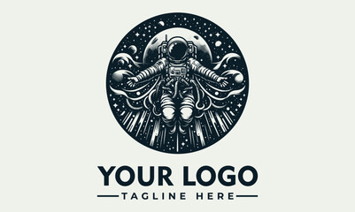 Astronaut logo design, floating in space, surrounded by cosmic elements. © nuaari